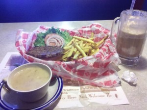 Diner Burger, fries and rootbeer float by Sylvia Sky