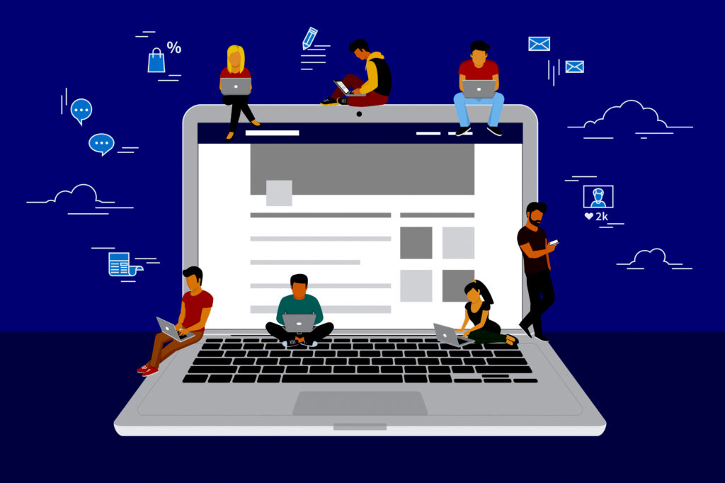 Social network web site surfing concept illustration of young people using mobile gadgets such as smarthone, tablet and laptop to be a part of online community. Flat guys and women on big notebook with symbols