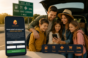 Family deciding on an exit using eggzitguide.com. 