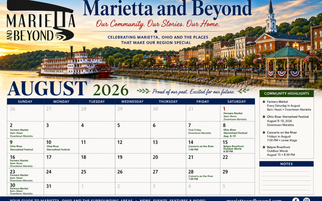 August calendar covering the Mid-Ohio Valley, Marietta OH, Parkersburg WV area, Wood County WV, Washington County Ohio