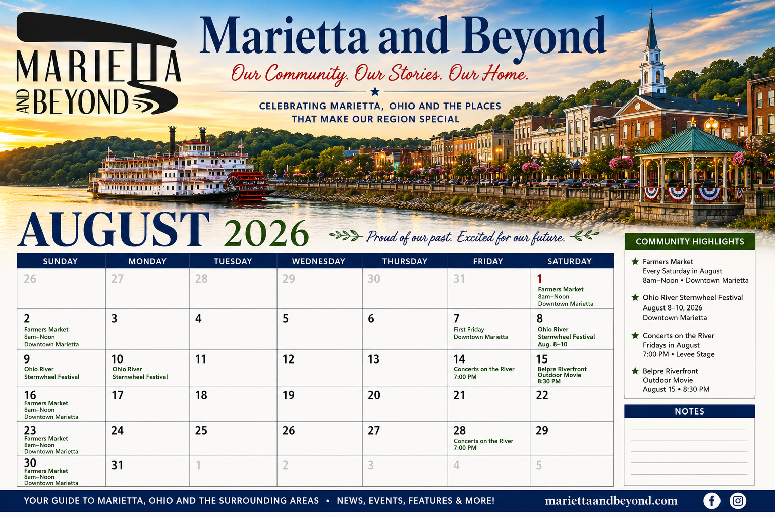 August calendar covering the Mid-Ohio Valley, Marietta OH, Parkersburg WV area, Wood County WV, Washington County Ohio